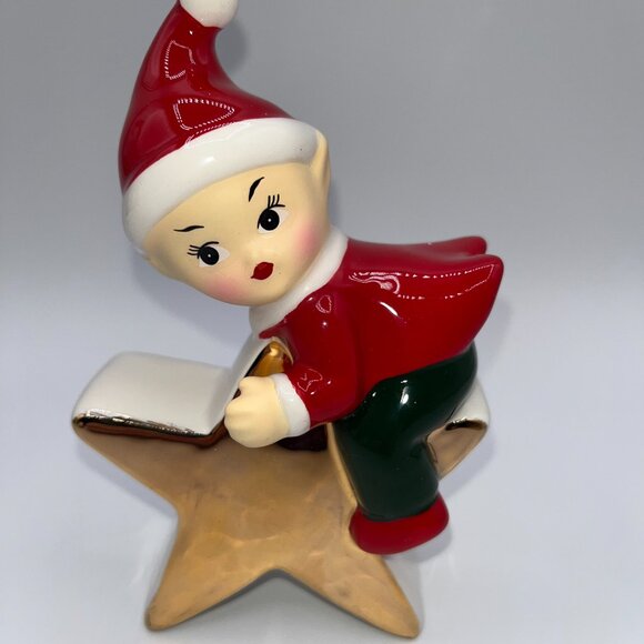 Retro Ceramic Red Elf Pixie Santa's Helper Sitting on a Golden Star Christmas - Picture 3 of 10